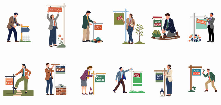 Set of professional real estate agents in suits placing Just Sold signs outside houses, representing successful property sales and home ownership transitions.