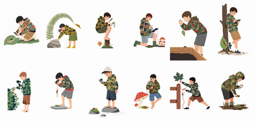 Obraz premium Set of illustrations depicting a young boy in camouflage exploring nature, studying plants and insects using cameras, magnifying glasses, and scientific tools.