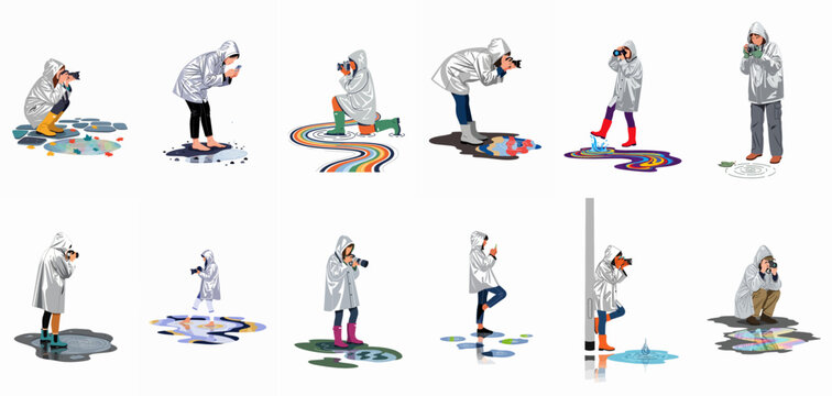 Vector illustration set of photographers in silver raincoats capturing colorful reflections and ripples in puddles after a rain shower.