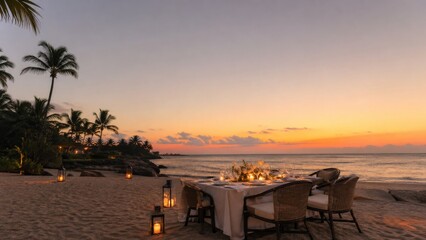 Naklejka premium Romantic candlelit beach dinner at sunset on tropical shoreline