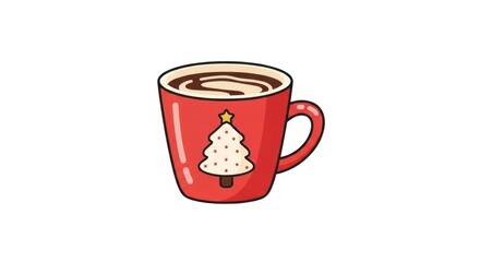 Obraz premium Festive red mug with hot chocolate drink and christmas tree design
