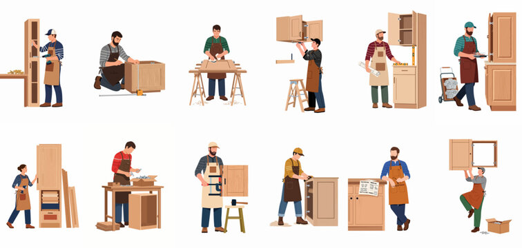 Collection of professional carpenters and woodworkers assembling, measuring, and installing wooden cabinets and furniture in a workshop environment.