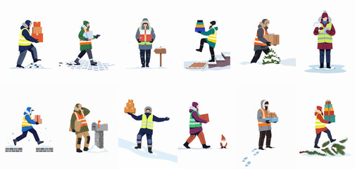 Set of flat vector illustrations depicting delivery couriers and postal workers carrying parcels and mail in snowy winter landscapes. © Pytu