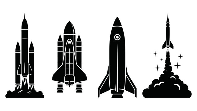 Four black silhouette rocket ship icons