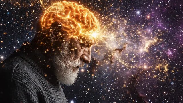 Mans mind exploding galaxy.