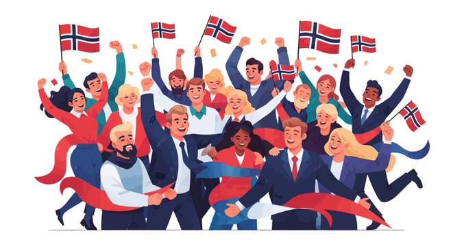 Enthusiastic people celebrating Norway's Independence Day in a vibrant vector illustration, waving Norwegian flags and ribbons against a clean white background, conveying a mood of national
