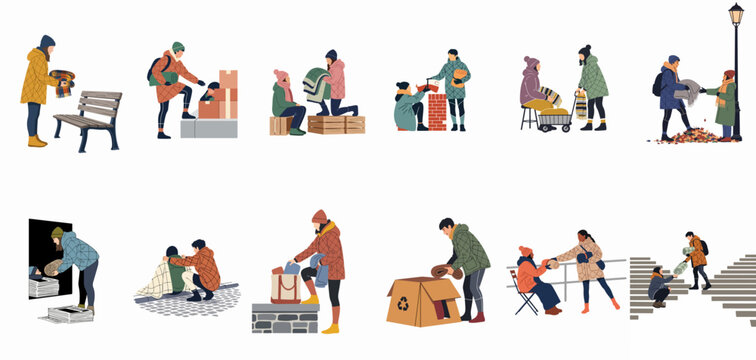 Collection of flat illustrations depicting compassionate volunteers donating blankets and warm clothing to homeless people in various urban settings during winter.