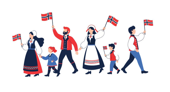 A group of Norwegian characters in traditional clothing wave flags in a vector illustration commemorating Norway National Day, evoking a sense of celebration and patriotism against a clean