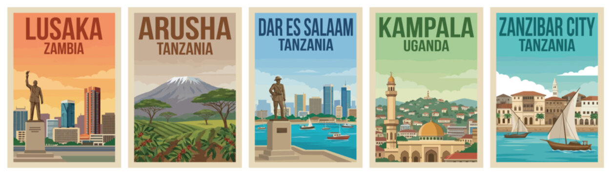 Vintage africa travel poster set. Including lusaka, arusha, dar es salaam, kampala, and zanzibar city. Retro vector illustration.