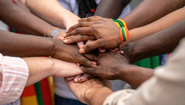 Diverse group of people joining hands in unity and teamwork.