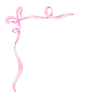 Watercolor delicate pink bow, ribbon silk, illustration for design and print.