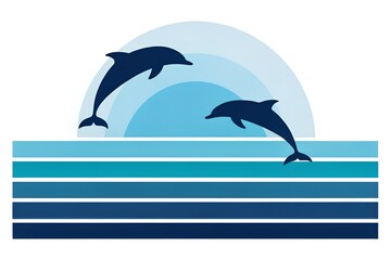 Obraz premium Two elegant dark blue dolphin silhouettes are dynamically leaping high out of a beautifully stylized ocean, artfully depicted by a series of calm horizontal stripes in various shades of vibrant blue, 