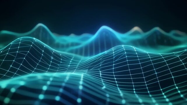 Abstract Digital Landscape of Glowing Blue and Green Network Grid.