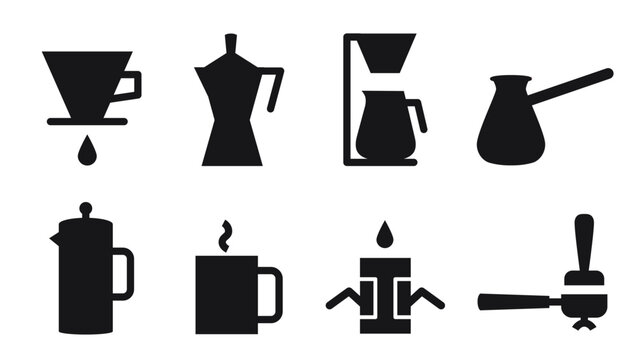 Set of coffee brewing method icons like pour over, moka pot, filter machine, cezve and more. Black silhouette symbols for grind guide, packaging and cafe design. Vector illustration isolated on white