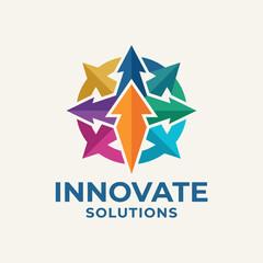 Obraz premium This image features a vibrant logo design with colorful arrows converging towards a central point, symbolizing innovation, collaboration, and forward-thinking solutions.