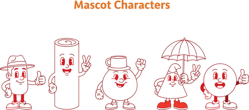 Retro Groovy Mascot Characters Set with Hat, Umbrella and Vintage Poses in Red Outline Cartoon Style Illustration