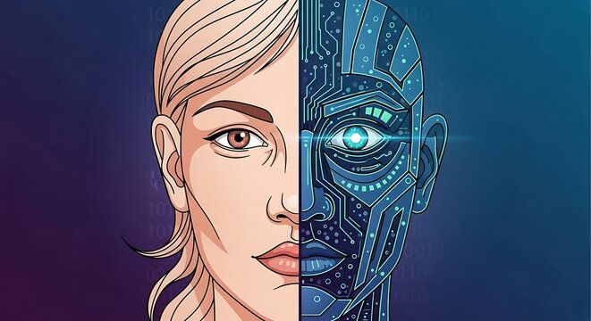 Woman and robot face side by side.