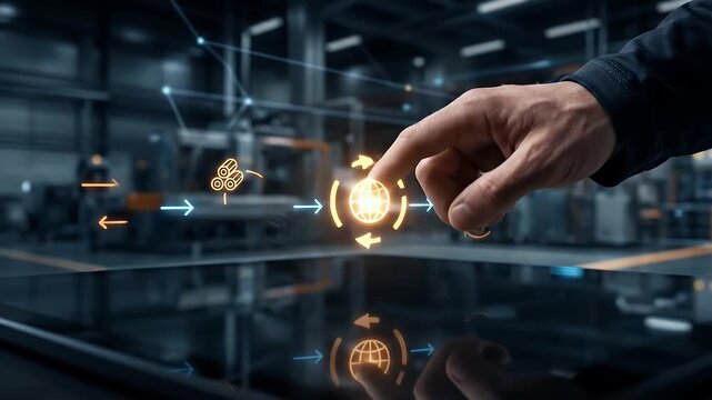 Hand interacting with digital supply chain icons representing manufacturing, logistics, delivery, and production process modern industrial factory environment featuring futuristic interface