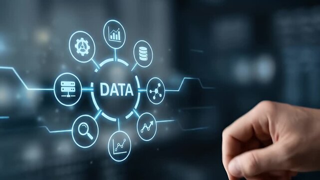 Data concept with hand pointing glowing digital icons representing analytics, database, search, network connections, and graphs futuristic technology environment showcasing digital connection