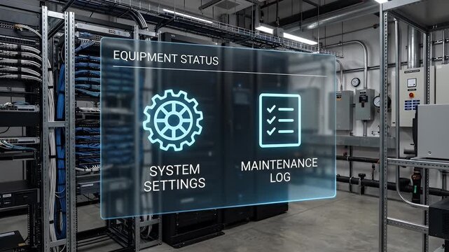 Equipment status system settings maintenance log interface in modern server room with network cables, server racks, and control panels showing advanced technology and data management concept