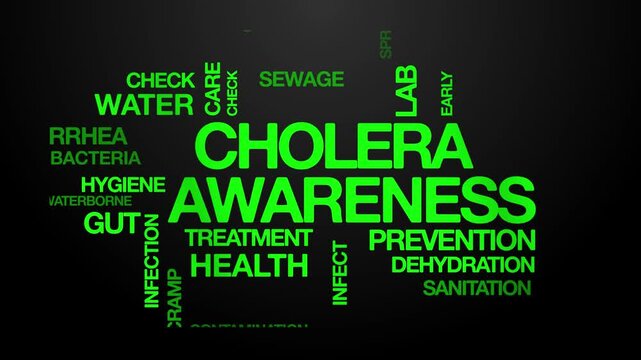 cholera awareness concept Animated Tag Word Cloud kinetic typography, Text Design Animation typography seamless loop video motion graphics Intro Wordart green type on black background bg backdrop