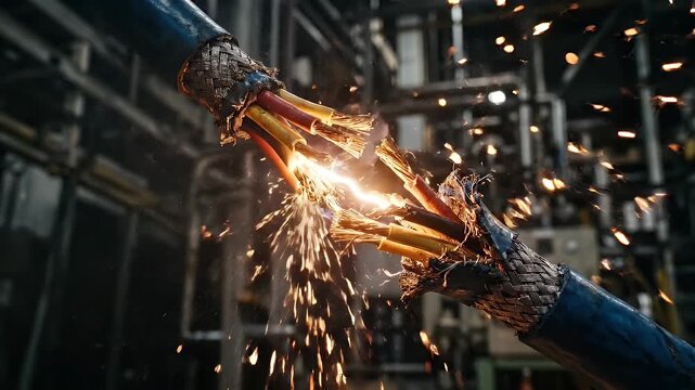 Electrical wires sparking with exposed copper strands in industrial setting showing dangerous electrical short circuit energy discharge fire hazard risk electrical maintenance safety