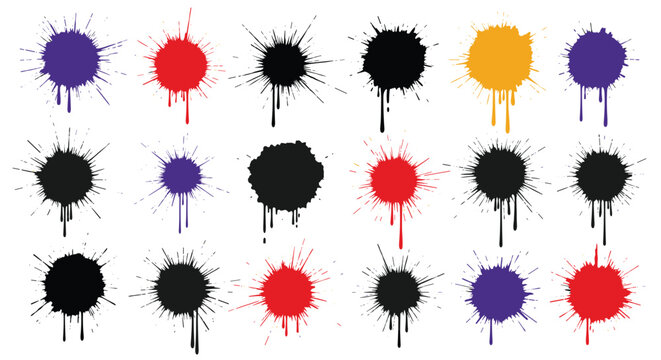 Diverse collection of colorful paint splatters and drips in shades of black, red, purple, and yellow arranged in a neat grid pattern.