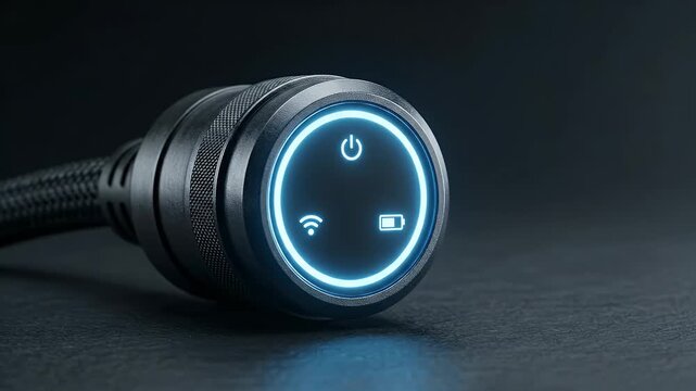 Smart electronic device with illuminated power, Wi Fi, and battery icons circular control panel, featuring blue light wireless signal and electric vehicle charging cable technology connectivity design