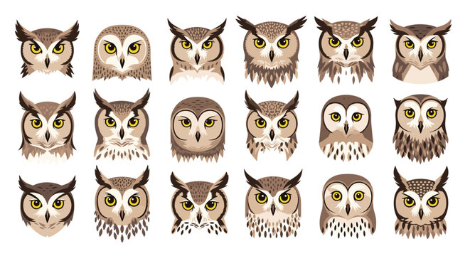 Set of fifteen owl face illustrations showing different breeds and expressions with detailed feathers and large eyes.
