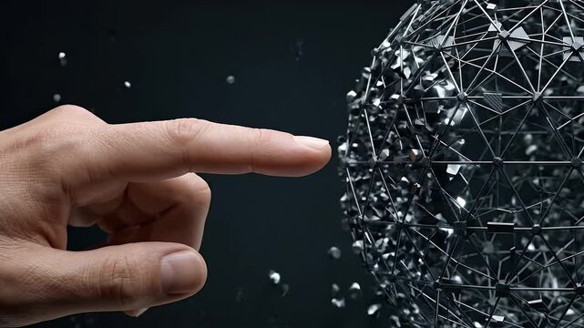 Finger touching futuristic metallic sphere with interconnected geometric shapes and fragments floating, symbolizing human technology innovation and digital connection disruption