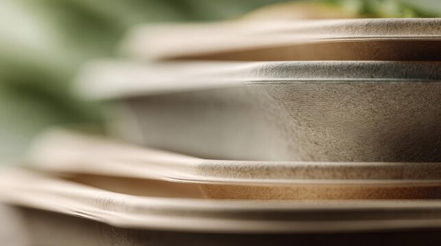 Close-up of a stack of folded paper plates. the plates are arranged in a horizontal manner, with the top plate slightly overlapping the bottom one.