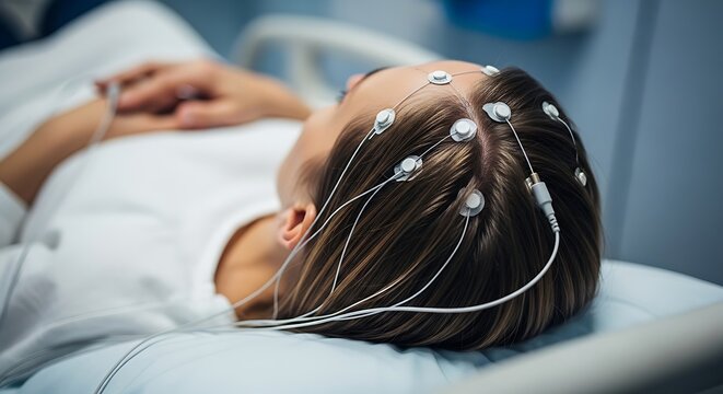 Young woman undergoing an eeg test in a hospital bed