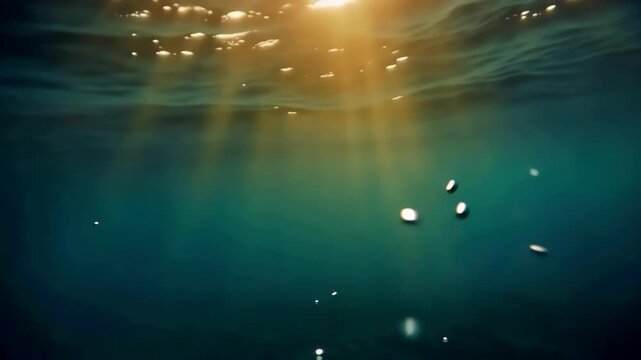 Sunlight filtering through the ocean's surface, illuminating underwater bubbles and creating a serene, ethereal atmosphere.