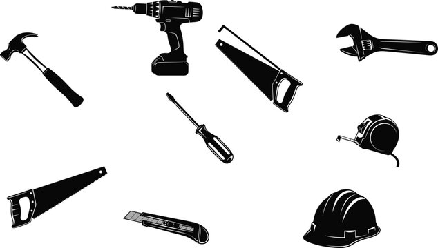 Construction tools icons set with hammer drill saw wrench screwdriver tape measure cutter and safety helmet silhouettes