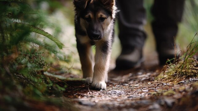 Small puppy walking on a dirt path in the woods. the puppy is black and white in color and appears to be a german shepherd or a similar breed.