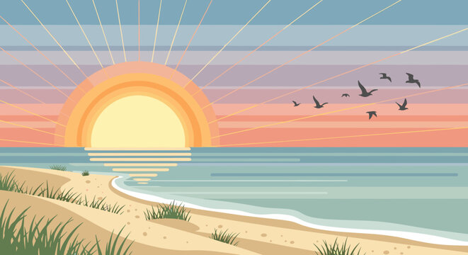 Peaceful beach sunset features a flock of birds flying over calm waters with green seagrass growing on the sandy dunes.