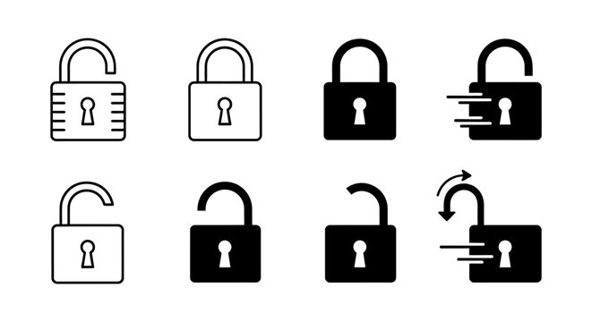 set of padlock icons showing locked and unlocked states security concept