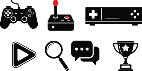 Gaming icons set with controller joystick console play button search chat and trophy symbols for digital entertainment design © MSTRUMANA