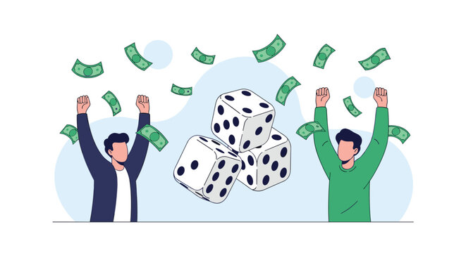 Happy men cheering and throwing their hands up as paper money falls around three giant gaming dice representing winning and gambling success.