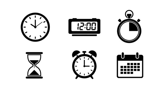 six icons representing different time-keeping devices and a calendar