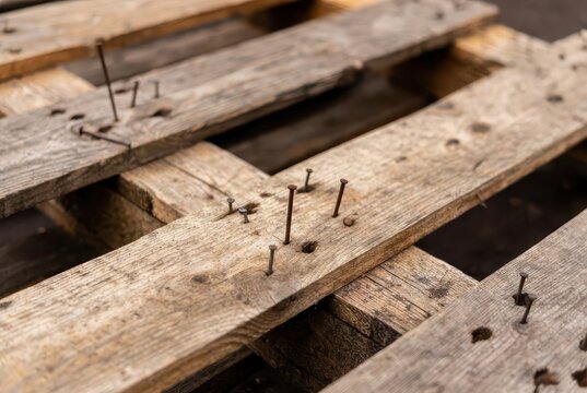 Close-up of rusty nails protruding from weathered wooden pallet planks, textured background