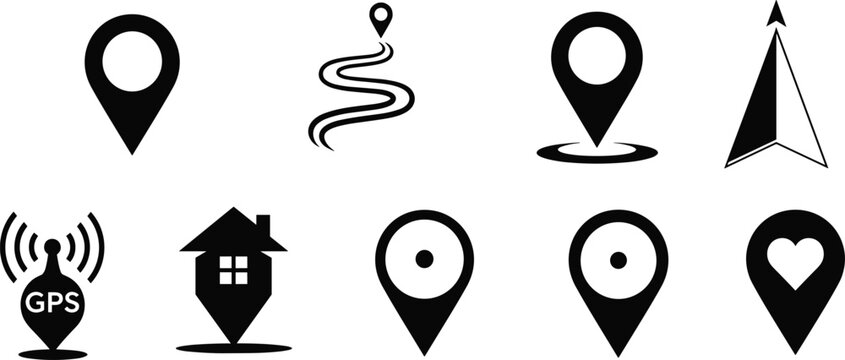 Location map icons set with gps pin navigation route compass home and destination markers for travel and navigation design