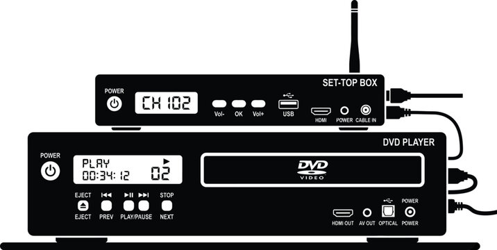 Two electronic devices, a set-top box and a DVD player, silhouett