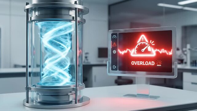 Futuristic laboratory device with glowing blue energy and DNA helix inside transparent cylindrical container featuring digital screen displaying red overload warning alert modern scientific