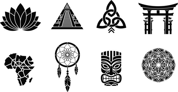 Cultural symbols icons set with lotus pyramid celtic knot torii gate dreamcatcher mask and mandala ethnic design collection
