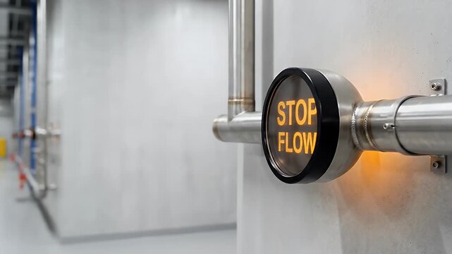 Stop flow sign glowing orange on metal pipe in industrial facility with safety control system, stainless steel caution sign, and pipe fitting in engineering environment