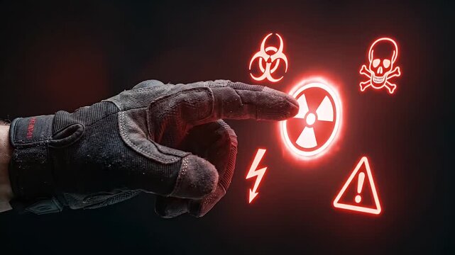 Hand in protective glove pointing at glowing red hazard symbols including biohazard, radiation, skull, warning sign, danger, and caution for maximum protection against biohazard and radiation hazards