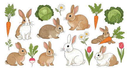 Obraz premium Adorable set of fluffy rabbits in different poses accompanied by garden vegetables like carrots and cabbages for a spring nature theme.