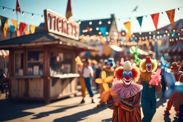 Obraz premium Cheerful clowns with balloon animals at a vibrant outdoor carnival, festive atmosphere