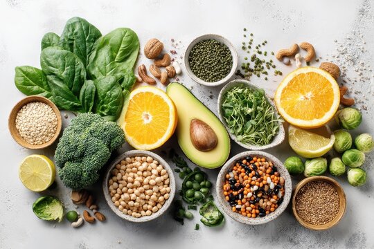 Top-down flat lay of folic acid rich foods: spinach, broccoli, legumes, citrus and avocado on a white background